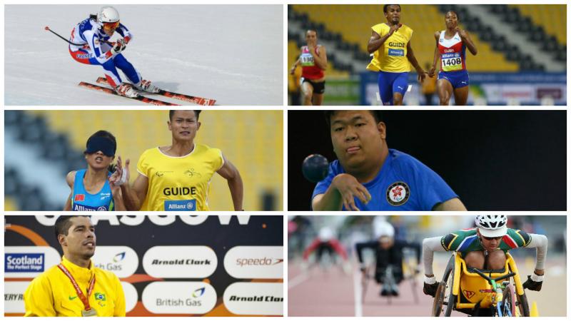 Collage of six images showing athletes