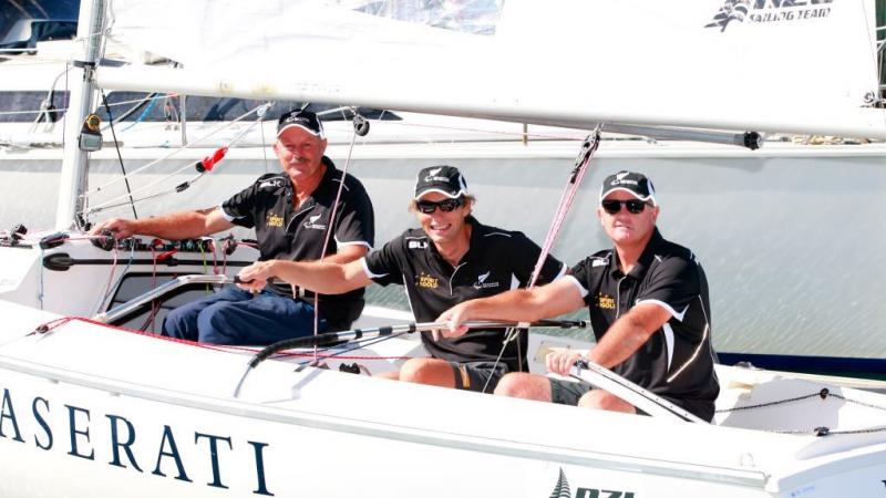 Chris Sharp, Andrew May and Richard Dodson aboard their boat during the New Zealand 2016 Summer Paralympic Team Selection Announcement at the Royal New Zealand Yacht Squadron on March 3, 2016 in Auckland, New Zealand.