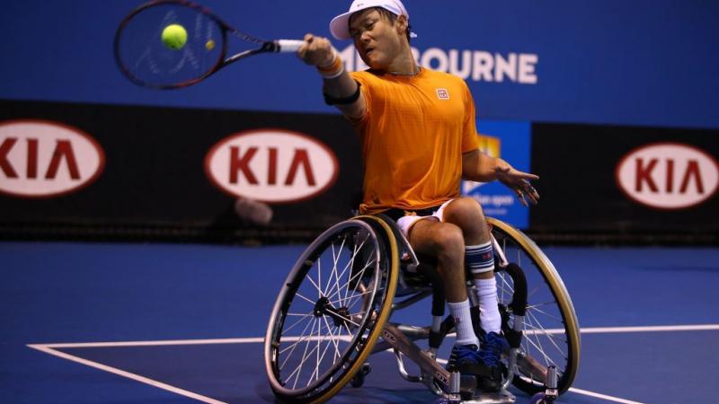 Shingo Kunieda of Japan plays a forehand during the Men's Wheelchair Doubles Final at the Australian Open 2016 Wheelchair Championships.