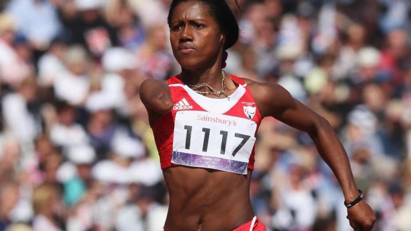 Yunidis Castillo of Cuba competes in the Women's 100m T46 heats at the London 2012 Paralympic Games.