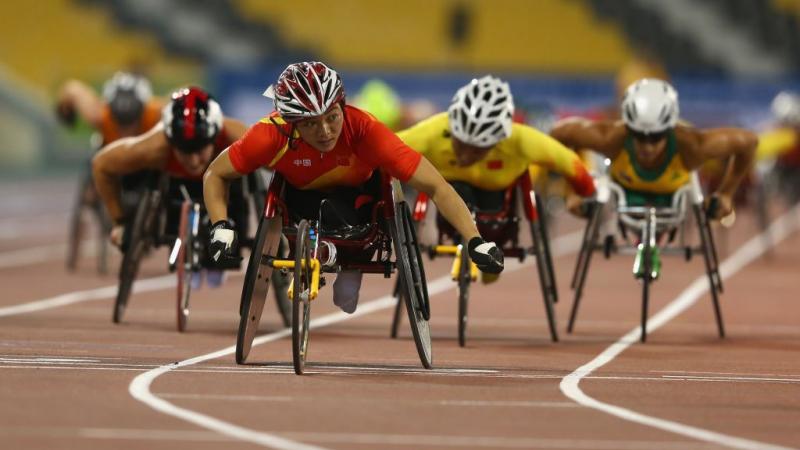 Lihong Zou of China wins the women's 800m T54 final at the 2015 IPC Athletics World Championships in Doha, Qatar.