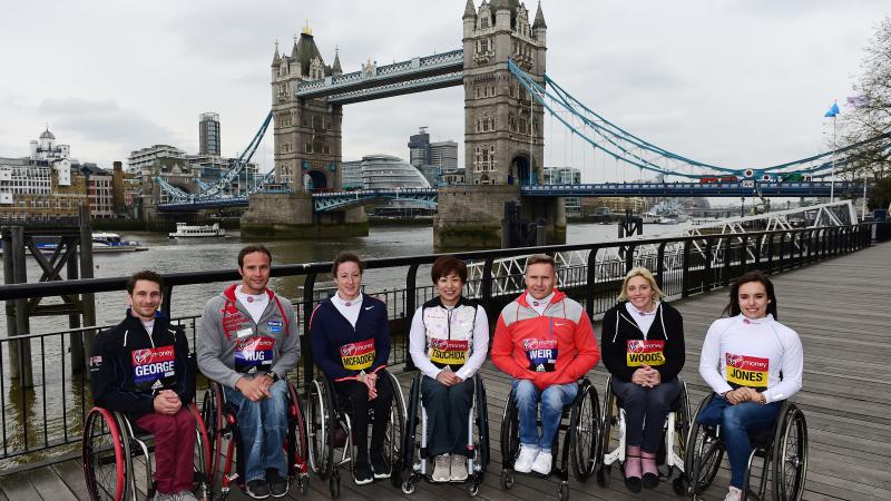 The USA's Joshua George, Switzerland's Marcel Hug, the USA's Tatyana McFadden, Jpana's Wakako Tsuchida and the British trip of David Weir, Shelly Woods and Jade Jones attend a photocall ahead of the 2016 Virgin Money London Marathon.