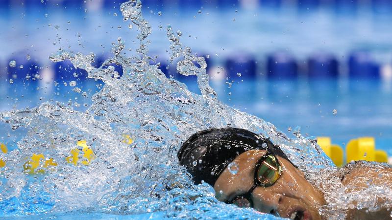 Close up of a swimmer's face in the water