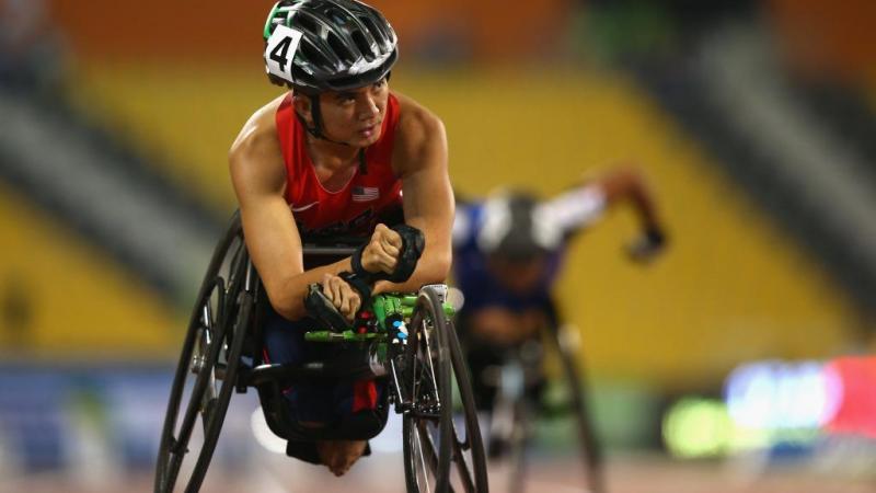 Raymond Martin of the United States competes in the men's 100m T52 heats at the 2015 IPC Athletics World Championships in Doha, Qatar. 