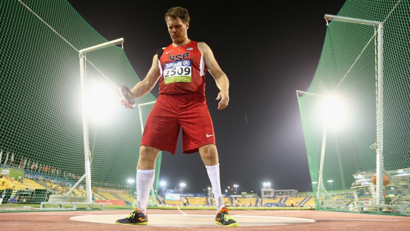 The USA's David Blair in action during the men's discus F44 final at the 2015 IPC Athletics World Championships  in Doha, Qatar.