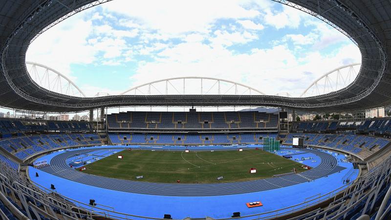 View on an empty stadium with a blue track