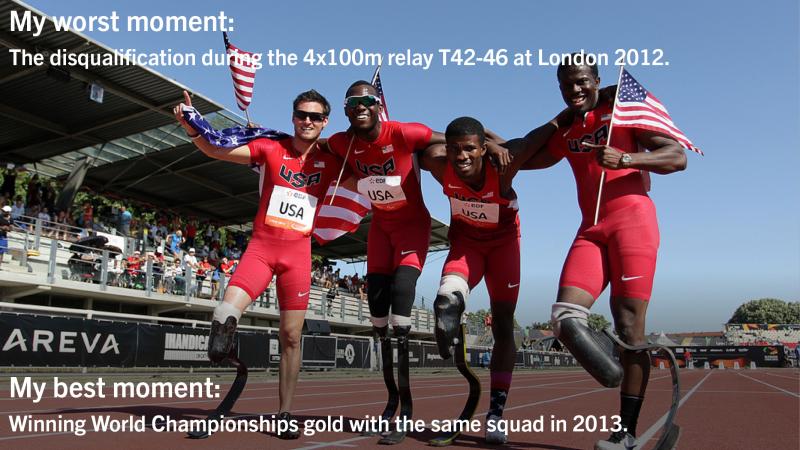 Four men with prosthesis celebrate on a track with USA flags