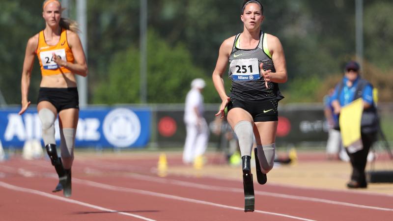 The Netherlands' Marlou van Rhijn on her way to breaking the 100m T43 world record at the 2016 Nottwil Grand Prix.