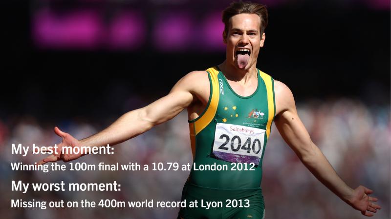 Man crossing a finish line on a track, celebrating