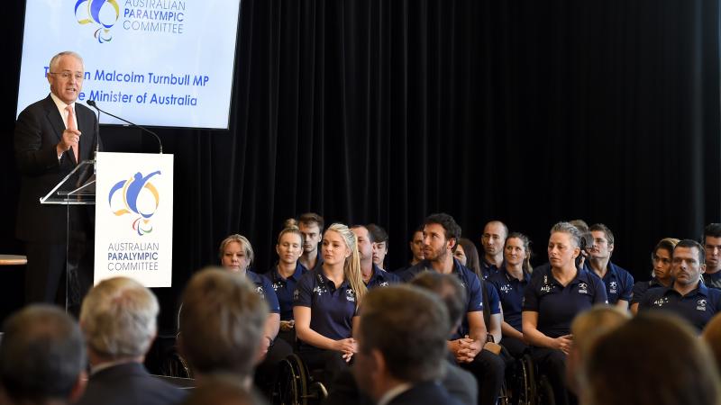 The Prime Minister of Australia, Malcolm Turnbull addressing 2016 Australian Paralympic Team members.