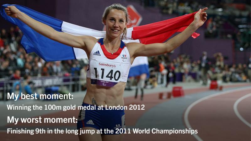 Woman with French flag in stadium. Text: My best moment:Winning the 100m gold medal at London 2012My worst moment:Finishing 9th in the long jump at the 2011 World Championships