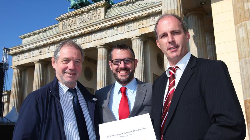 NPC Germany's Dr. Karl Quade with the IPC's Ryan Montgomery and Klaas Brose, Director “Behinderten-und Rehabilitations- Sportverband Berlin, at the announcement of Berlin as host city of the 2018 European Para Athletics Championships.