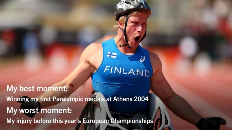 Photo of a wheelchair racer celebrating with text: My best moment: Winning my first Paralympic medals at Athens 2004 My worst moment:My injury before this year’s European Championships