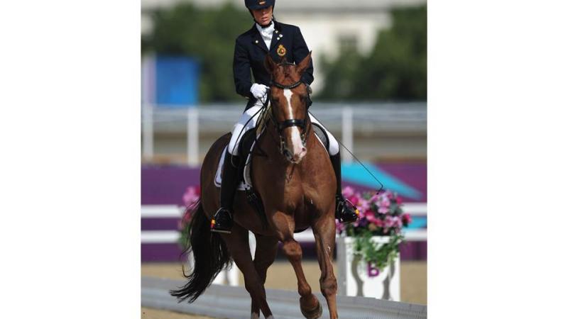 Michele George of Belgium rides Rainman to win Gold during the Equestrian Dressage Individual Freestyle Test - Grade IV at the London 2012 Paralympic Games.