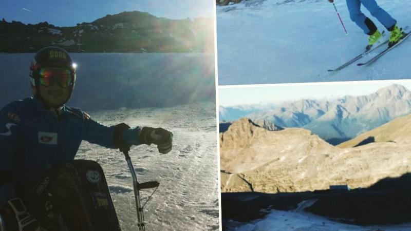 Collage of photos taken on snow, with two skiers (one in sit ski)