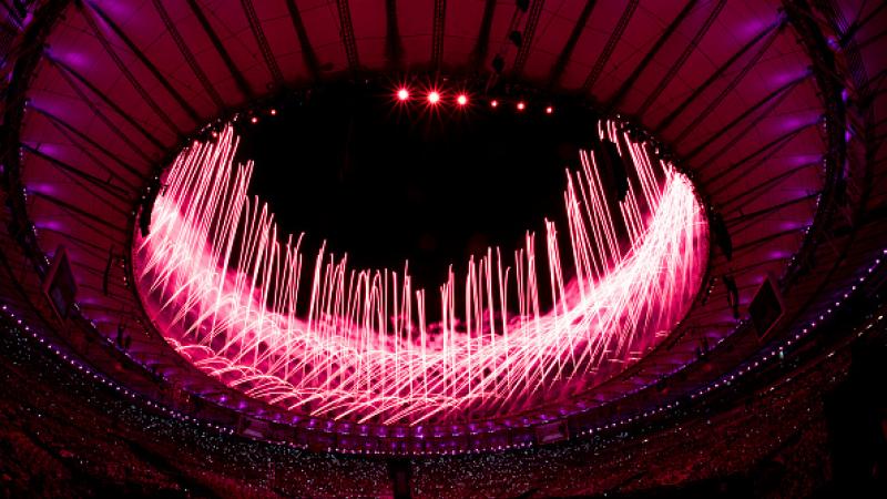 Fireworks explode during the Opening Ceremony of the Rio 2016 Paralympic Games at Maracana Stadium