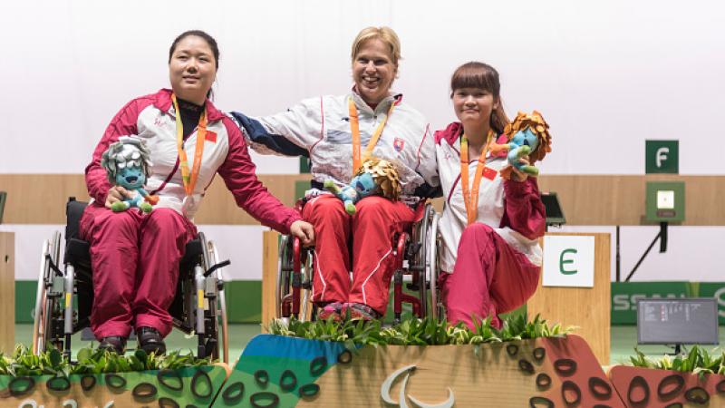 Veronika Vodovicova on the podium at the medal ceremony for the Shooting R2 Women's 10m Air Rifle Standing SH1