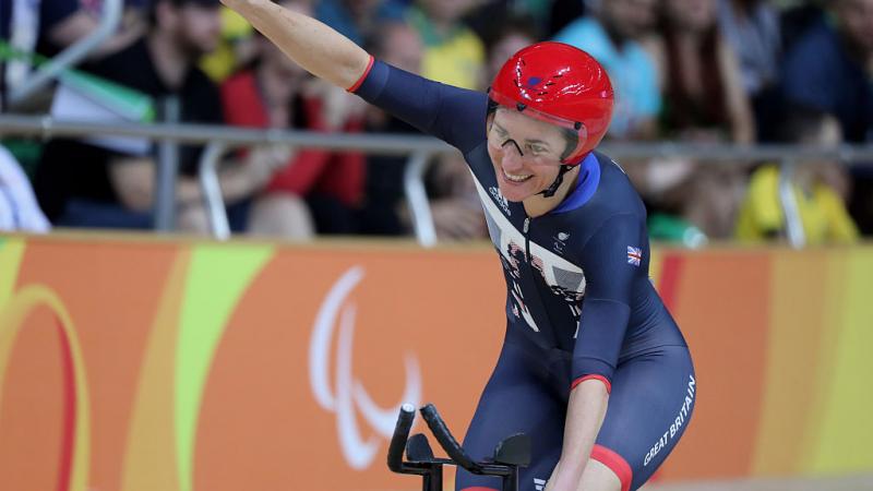 Sarah Storey of Great Britain celebrates after the womens C5 3000m individual pursuit track cycling on day 1 of the Rio 2016 Paralympic Games