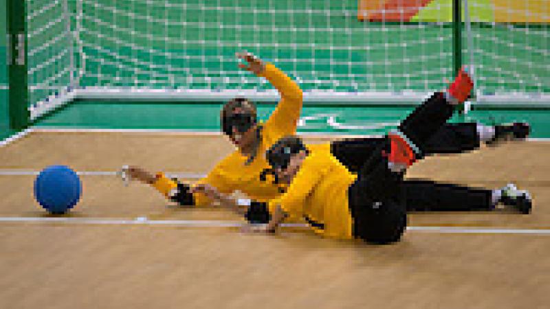 Simone Rocha and Ana Carolina Custodio (BRA) compete against USA in Goalball