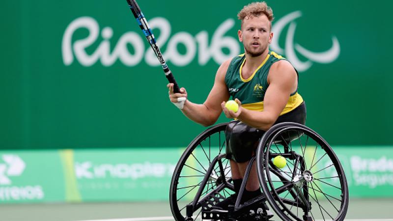 Dylan Alcott of Australia plays Andy Lapthorne in men's quad singles at the Rio 2016 Paralympic Games
