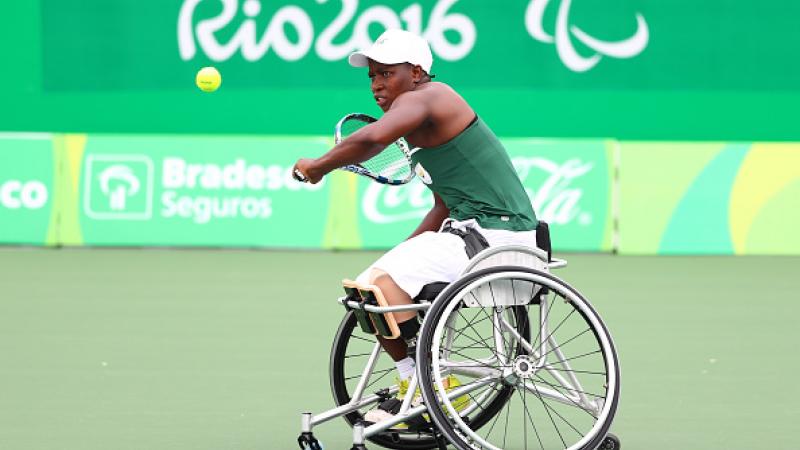 Kgothatso Montjane of South Africa competes in the wheelchair tennis.