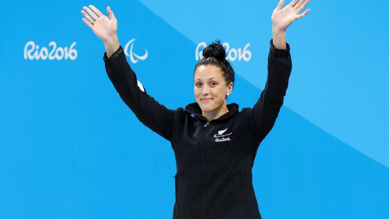 Sophie Pascoe of New Zealand stands on the podium after winning a gold medal in the women's 100m Backstroke S10 final at the Rio 2016 Paralympic Games.