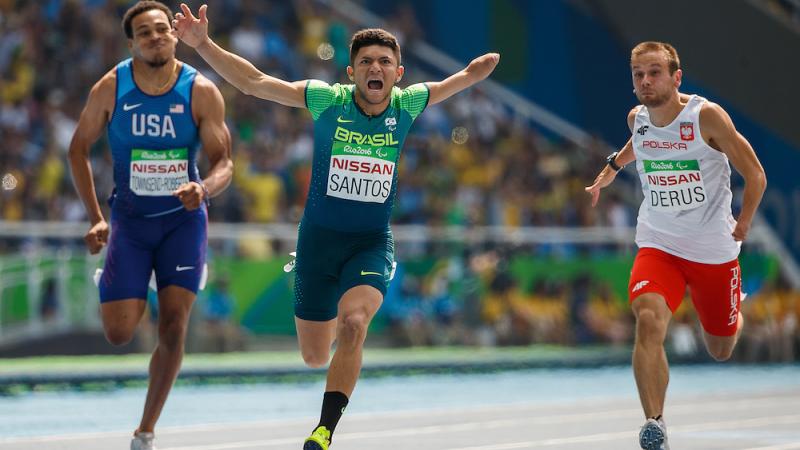 Petrucio Ferreira dos Santos BRA takes the Gold Medal in the Men's 100m.