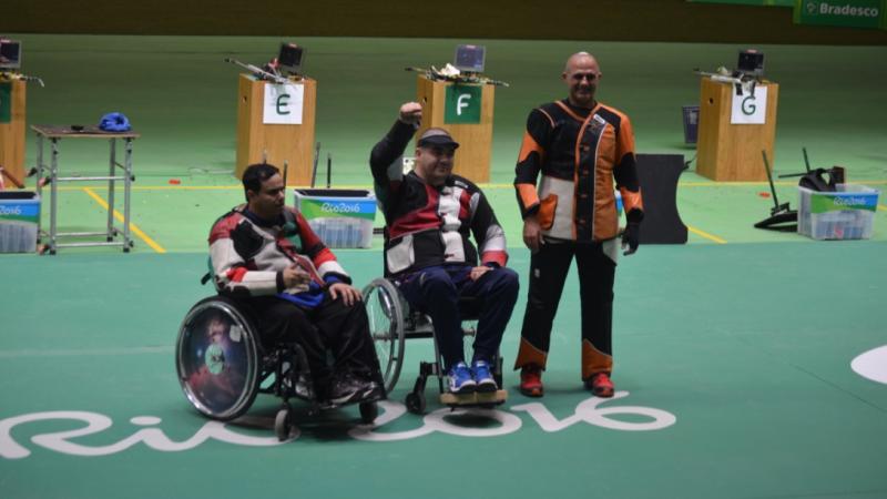 Serbia’s Laslo Suranji (centre) with fellow medallists Abdulla Sultan Alaryani and Doron Shaziri.