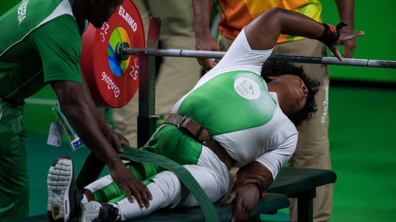 Gold Medallist Bose Omolayo NGR competes in the Women's -79 kg Powerlifting contest at the Riocentro - Pavilion 2