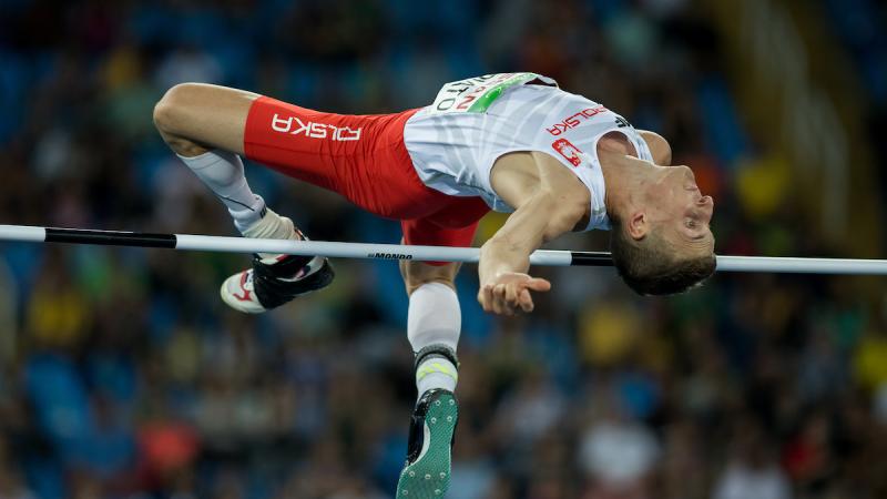 Gold Medallist Maciej Lepiato POL competes in the Men's High Jump - T44 Final