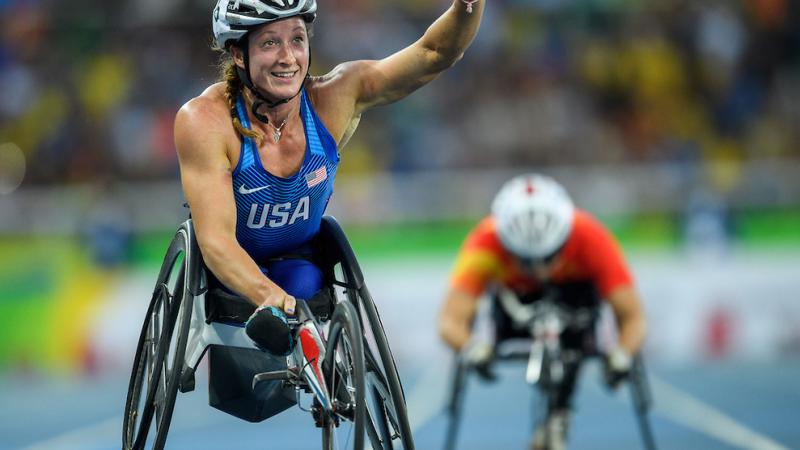 Tatyana McFadden of the USA winning the Gold Medal in the Women's 400m - T54 Final in the Olympic Stadium at the Rio 2016 Paralympic Games.