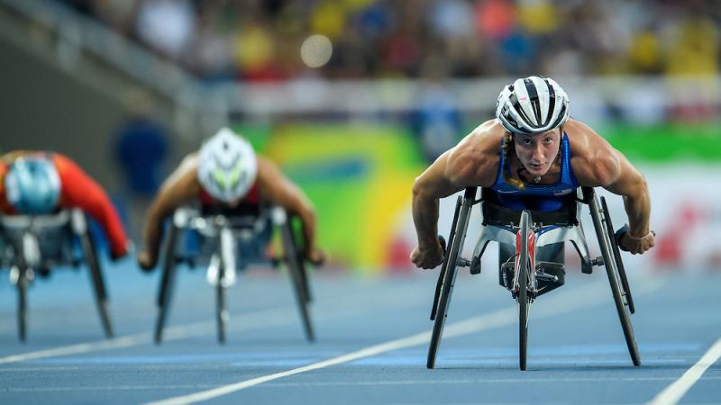Tatyana McFadden of the USA winning the Gold Medal in the Women's 400m - T54 Final in the Olympic Stadium. at the Rio 2016 Paralympic Games.