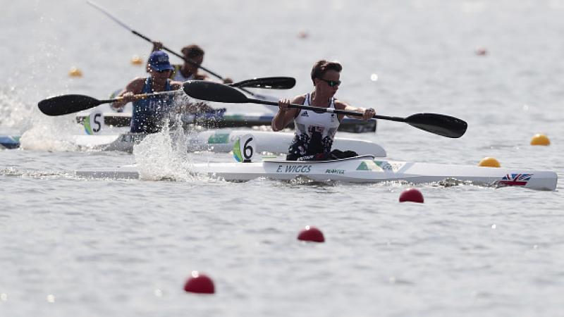 Emma Wiggis of Great Britain in action during the Canoe Sprint - Women's KL2 200m heat 1 at Lagoa Stadium at the Rio 2016 Paralympic Games.