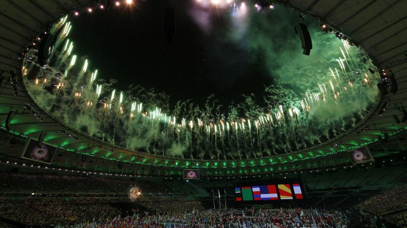 View on a stadium by night with fireworks