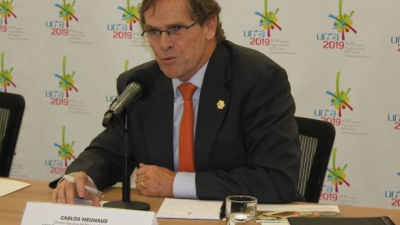 Lima 2019 President Carlos Neuhaus gives a press conference.