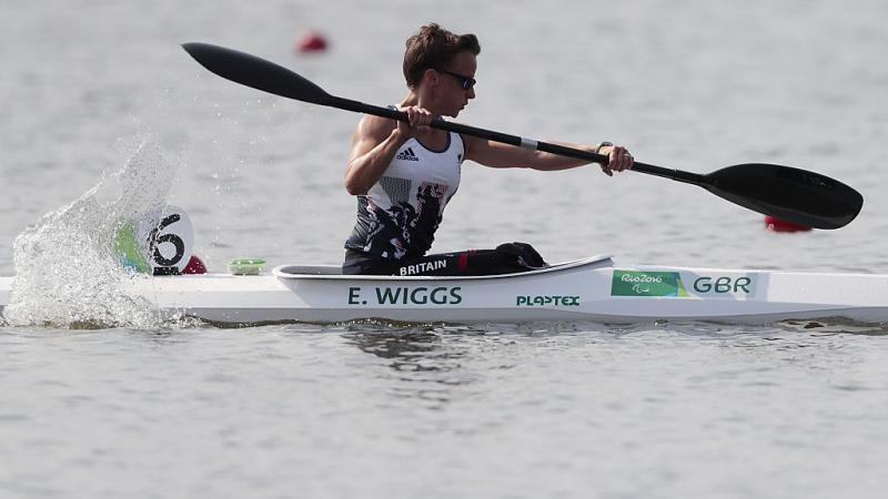 Emma Wiggis of Great Britain in action during the Canoe Sprint - Women's KL2 200m heat 1 at the Rio 2016 Paralympic Games.