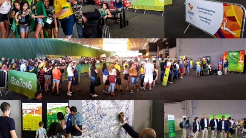 collage of photos of spectators trying out powerlifting and playing