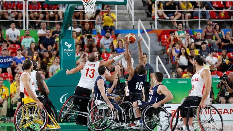 Wheelchair Basketball match between Spain and USA at the Rio 2016 Paralympic Games.