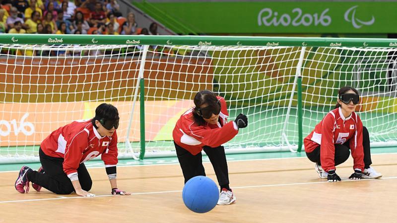 Akiko Adachi of Japan throws the ball in the women's Goalball at the Rio 2016 Paralympic Games.