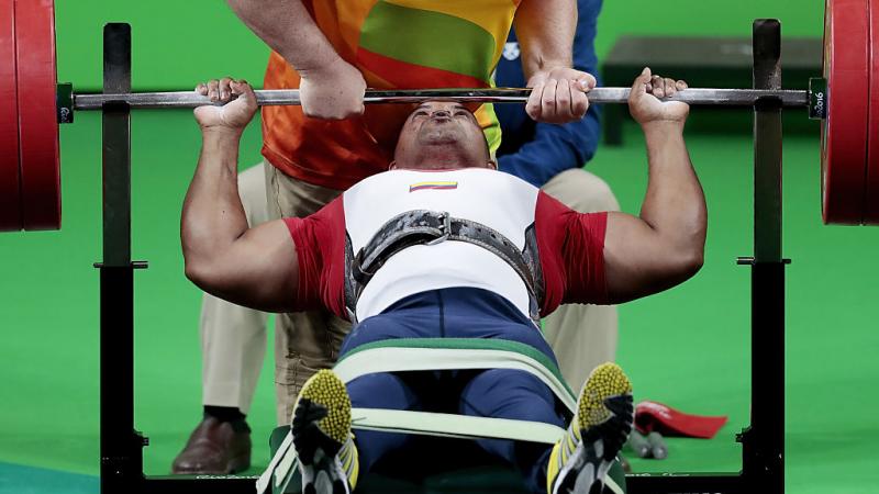 Fabio Torres Silva of Colombia competes in the Powerlifting - Men's -97kg Group A Final at the Rio 2016 Paralympic Games.