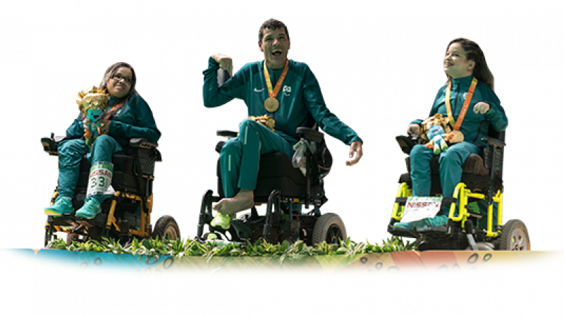 Brazil boccia BC3 team - cutout Cutout of three athletes in wheelchairs
