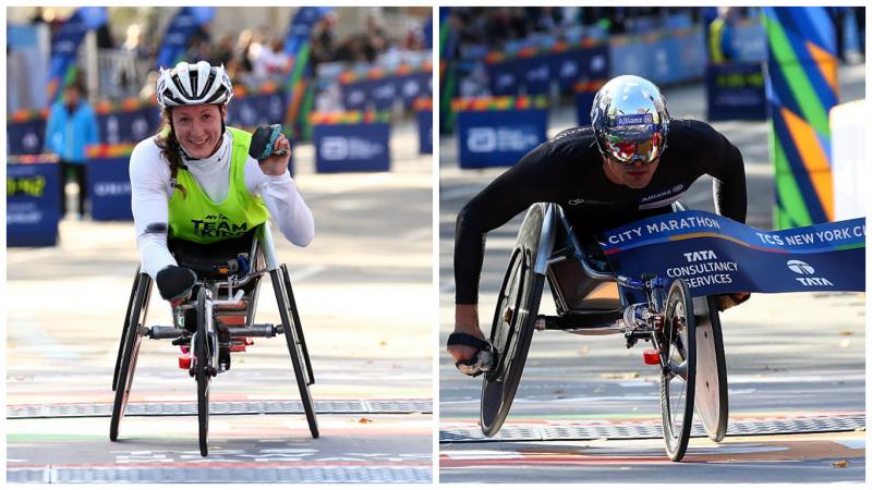 Tatyana McFadden of the United States and Marcel Hug of Switzerland at the 2016 TCS New York City Marathon in Central Park.