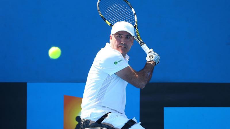 Stephane Houdet of France in action in his Men's Wheelchair Singles Final against Shingo Kunieda of Japan during the Australian Open 2015 Wheelchair Championships 