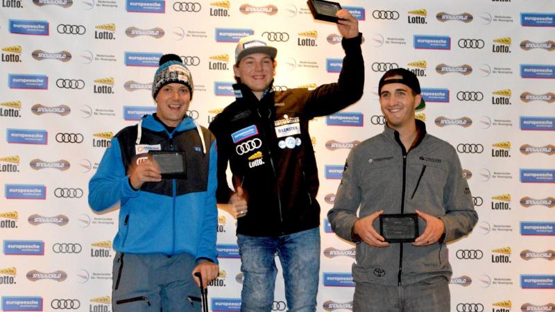 Chris Vos of the Netherlands, Reinhold Schett of Austria and Mark Mann of the USA at the IPC Snowboard Europa Cup in Landgraaf, the Netherlands.