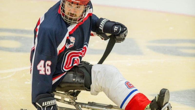 Darren Brown of Great Britain competes at the Ostersund 2015 IPC Ice Sledge Hockey World Championships B-Pool