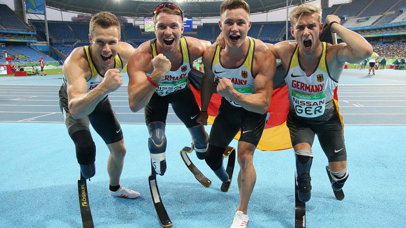 Markus Rehm, David Behre, Felix Streng and Johannes Floors of Germany - Rio 2016 Markus Rehm, David Behre, Felix Streng and Johannes Floors of Germany celebrate after winning the gold medal in the Men's 4x100m - T42-47 final at the Rio 2016 Paralympic Games.