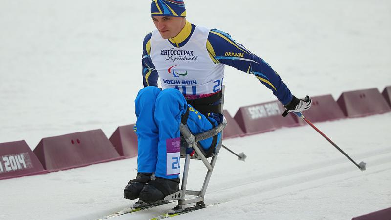 Maksym Yarovyi of Ukraine competes in the men's 15km sitting Para cross-country skiing at the Sochi 2014 Paralympic Winter Games.