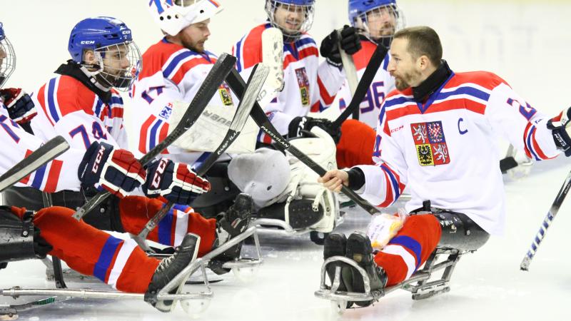 Sledge hockey players on the ice