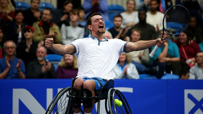 Joachim Gerard of Belgium celebrates after winning the mens final match against Gordon Reid of Great Britain on Day 5 of the NEC Wheelchair Tennis Masters at Queen Elizabeth Olympic Park on December 04, 2016 in London, England.