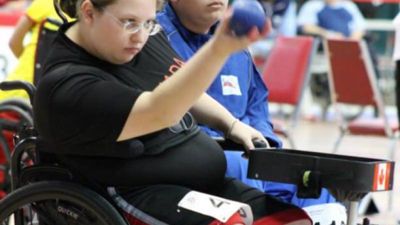 Canadian boccia player Alison Levine focused whilst training.